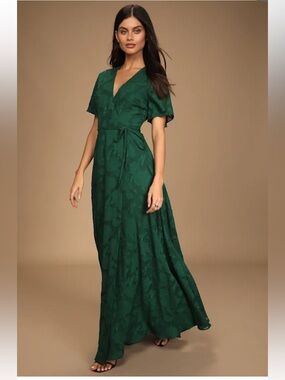 Lulu's Emerald Green V-Neck Wrap Maxi Dress with Tie Waist-Splendid Celebration